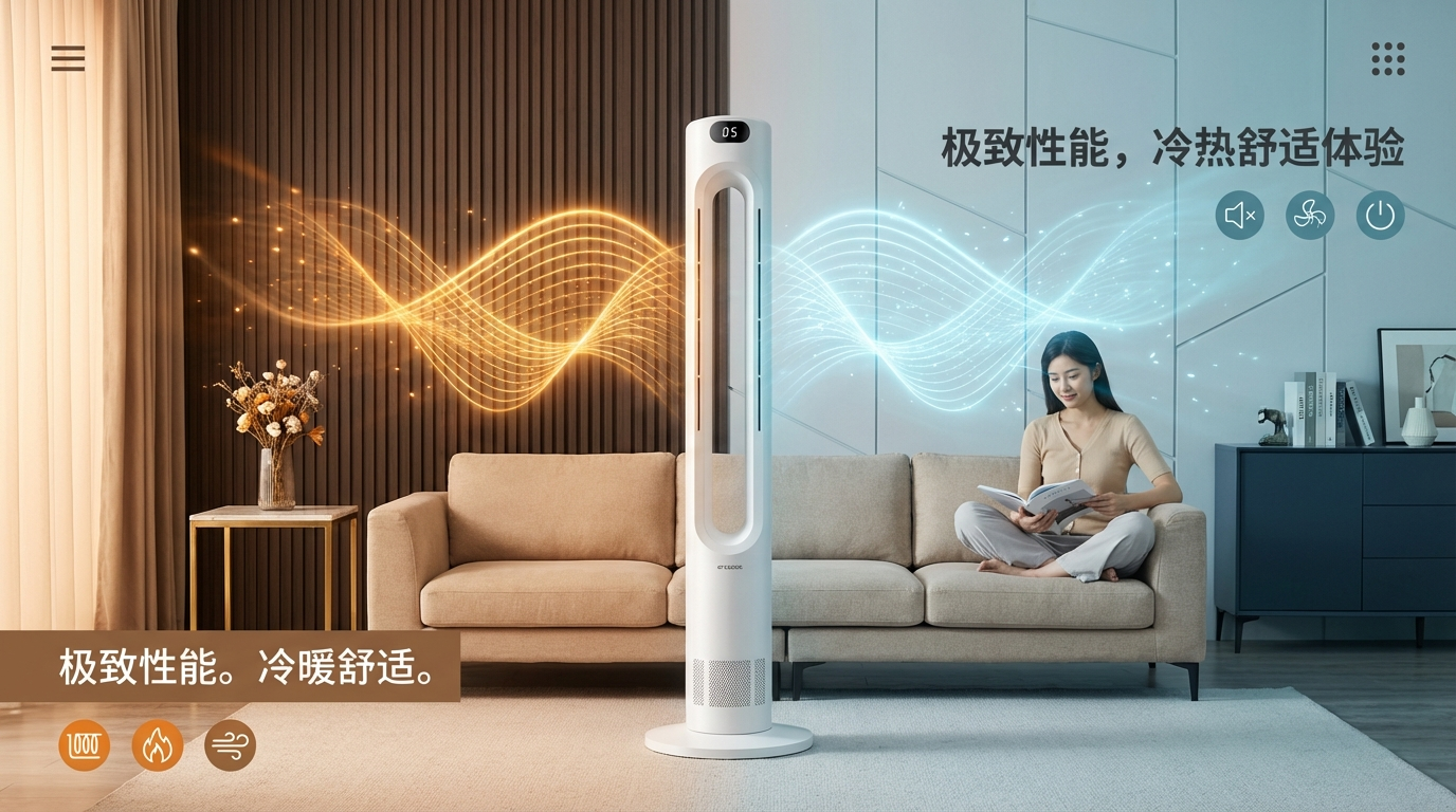 TP-02plus bladeless fan providing heating and cooling comfort in a modern living room